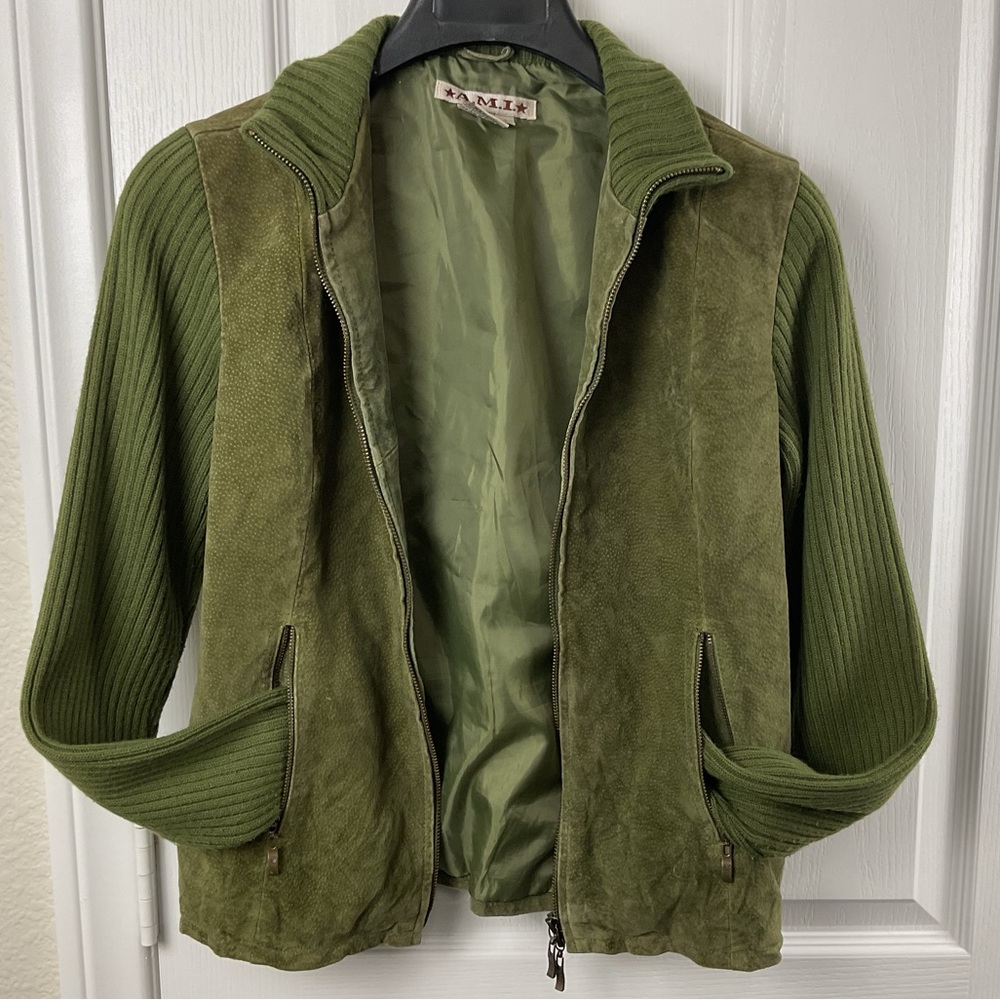 AMI Women’s Hunter Green  Washable Suede and Knit Sleeve Zipper Jacket, Size S